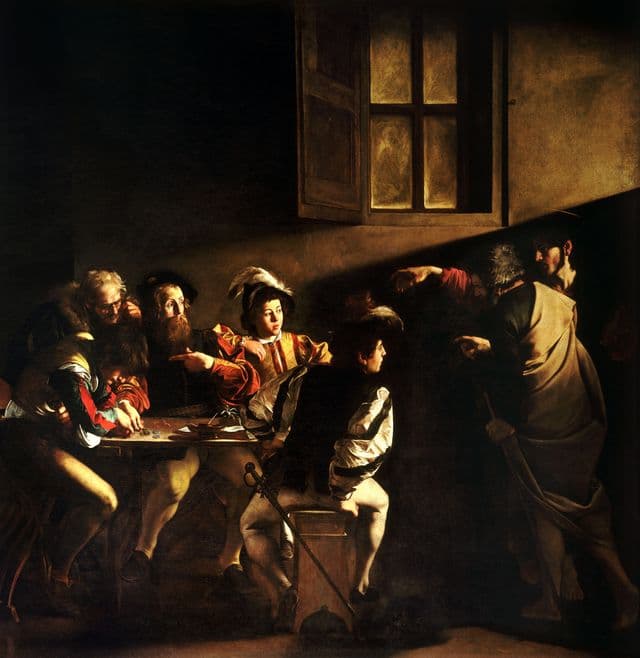 A dark tavern-like room with men gathered around a table of coins. Christ stands at the right edge and points toward Matthew; a beam of light cuts across the scene as Matthew gestures in surprise, as if asking whether he is really the one being called.